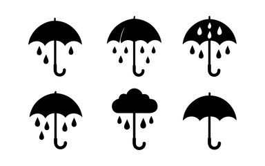 Umbrella and rain icons set: minimalist black and white design for weather illustrations