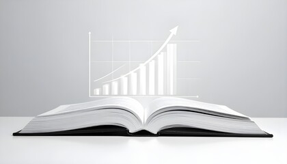 An open savings book with a glowing upward bar graph symbolizing financial growth and profit. Minimalist composition with white background, representing success, banking, and investment concepts.