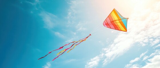 Rainbow kite flying high in a blue sky with clouds