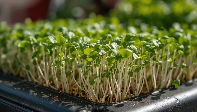 Newly grown microgreens of watercress lettuce. Healthy micro lettuces for vegan diets. Aerial perspective.