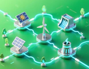Renewable Energy Sources with Solar, Wind, and Hydropower Symbols
