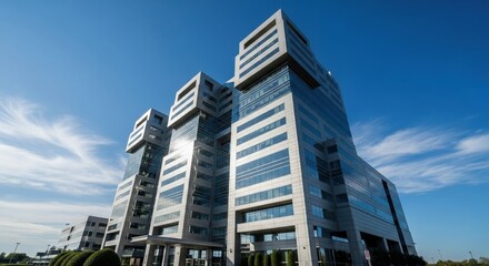 Obraz premium Modern Corporate Office Building with Glass Facade and Unique Architectural Design Under Clear Blue Sky