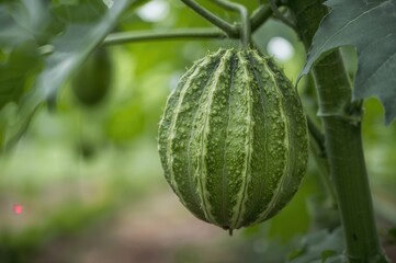Fresh green bitter gourd growing on a vine in a vegetable patch, close-up shot.