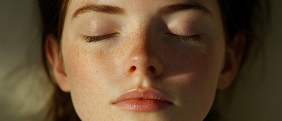 Close up freckled face young woman eyes closed soft skin natural light beauty wellness