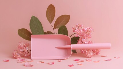 Chic Pink Garden Shovel featuring Beautiful Floral Accents Set Against a Delicate Pink Background