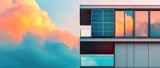 Modern building solar panels sunset reflection architecture design