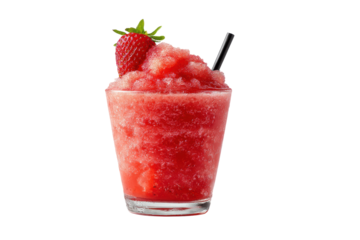 A glass of red slushy with a strawberry on top. The slushy is cold and refreshing, perfect for a hot day