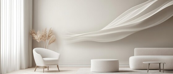 Serene minimalist interior design with white furniture and flowing fabric