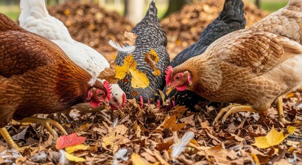 Chickens foraging in autumn leaves