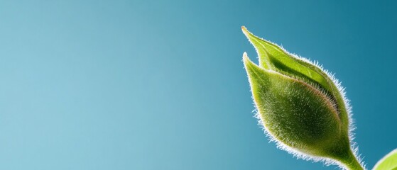 Vibrant green plant bud close up nature photography blue sky background