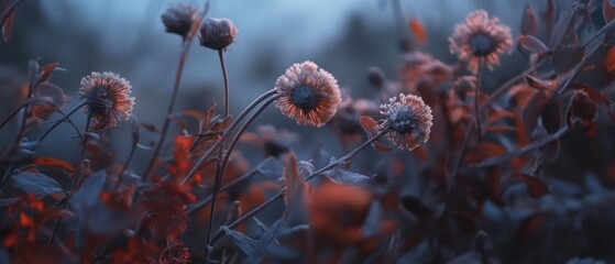 Frost covered flowers at dawn nature photography botanical image soft light delicate floral texture