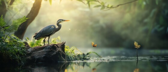 Heron by water at sunrise peaceful nature scene