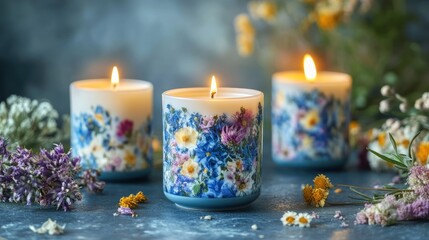 Floral candles tranquil home decor warm light pressed flower design relaxing atmosphere