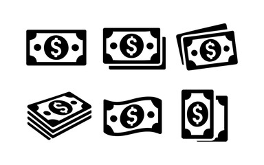 Minimalist black and white money icons set for financial and business use