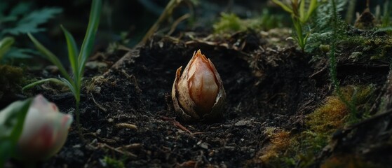 Seed sprouting in dark soil close up of a new plant emerges from the ground
