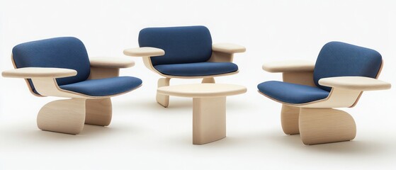 Modern wooden armchairs with blue upholstery set around side table