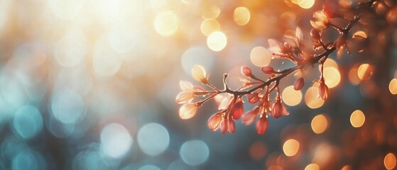 Delicate pink flower buds on branch soft bokeh background spring nature scene