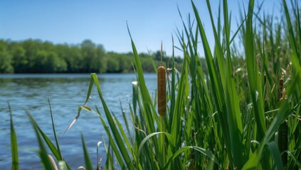 Fototapeta premium A peaceful close-up shot of bright green cattails beside a calm lake under sunny skies.