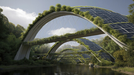 Obraz premium Solar bridge eco architecture green design renewable energy futuristic structure river valley curved arch sustainable vegetation daylight serenity