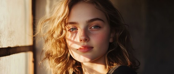 Sunlight portrait young woman wavy hair freckles soft light beauty fashion