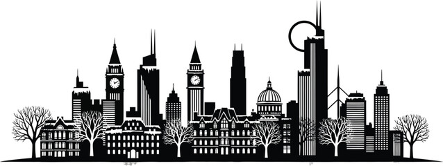 Black and white skyline silhouette with famous buildings and bare winter trees