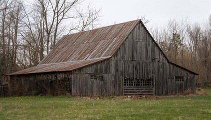 Fototapeta premium A picturesque scene of a weathered barn featuring a corroded roof, encouraging admiration for the elegance found in decay and the enduring essence of countryside buildings in peaceful surroundings.