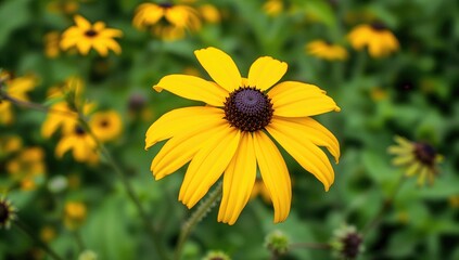 Obraz premium Rudbeckia hirta commonly known as Black-eyed Susan, also referred to as Brown-eyed Susan, Brown Betty, Gloriosa Daisy, Golden Jerusalem, Poorland Daisy, Yellow Daisy, and Yellow Ox-eye Daisy