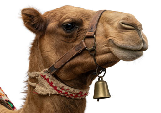 Majestic dromedary camel head in extreme hyper-realistic close-up, light brown fur, expressive dark eye, antique brass bell, intricate saddle blanket against transparent background. Serene animal