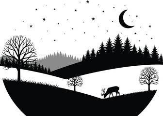 Silhouette landscape with deer under the moon and stars in a monochrome design