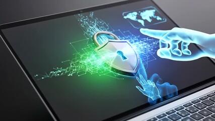 Digital security concept with a hand reaching for a lock on a laptop - Powered by Adobe