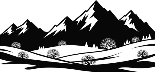 Black and white mountain range with trees in a minimalist landscape design
