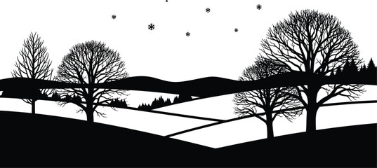 Winter landscape silhouette with bare trees and snow covered hills in monochrome
