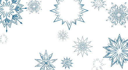 Elegant winter background with blue and white snowflakes floating on light gray