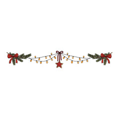 Hand-drawn doodle Christmas border with fir branches, red bows, and glowing lights. Elegant festive header perfect for holiday cards, product packaging, invitations, and seasonal designs.
