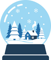Winter scene inside a snow globe with a cozy house and trees in a snowy landscape