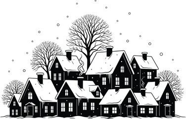 Winter village scene with snow covered houses and trees in black and white art