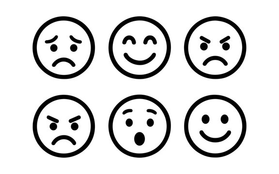 Simple outline icons of various facial expressions and emotions on white background