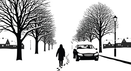 Silhouette of person walking on snowy road with car and trees in winter scene