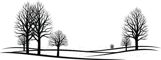 Silhouette of bare trees in winter landscape against a white background design