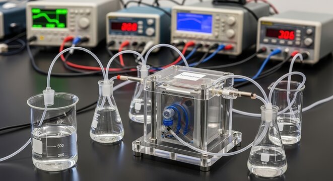 Scientific experiment setup featuring a transparent apparatus, glassware, and electronic equipment in a laboratory