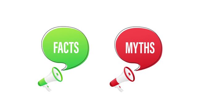 Megaphones spreading facts and myths on white and blue background