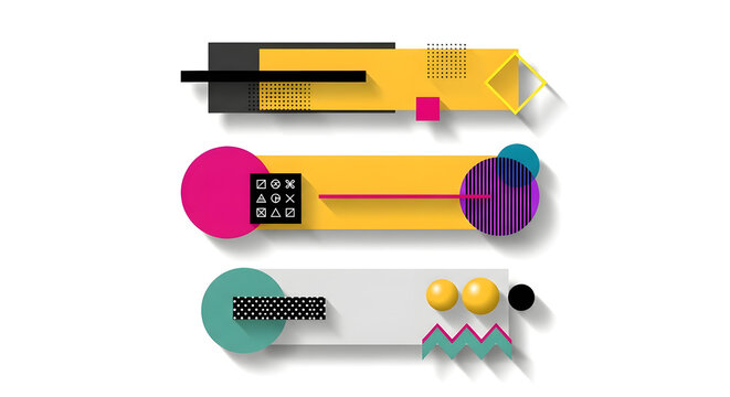 Set of three abstract graphic elements with geometric shapes and retro 80s style, isolated on white background