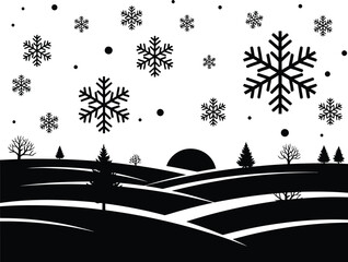 Winter landscape with snowflakes falling on rolling hills and silhouetted trees
