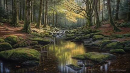 Serene Forest Landscape with Tranquil Stream and Lush Green Mossy Rocks Under Soft Autumn Light