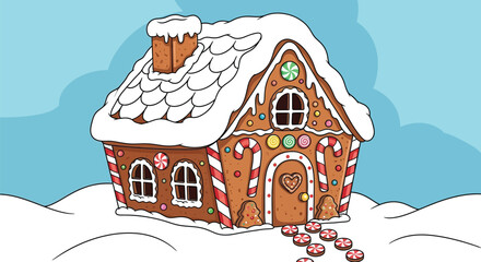 Festive gingerbread house covered in snow and candy decorations on a winter day