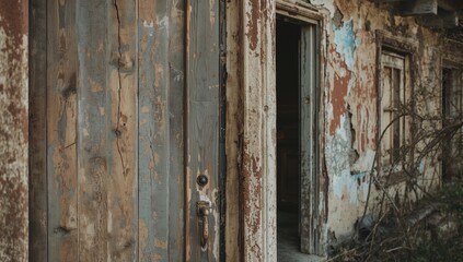 Rustic wooden entrance of a deserted vintage residence with textured walls and classic frame