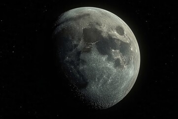 A detailed view of the moon against a black sky, showing its cratered surface and distinct gray shades, highlighting its rugged texture and varying topography.