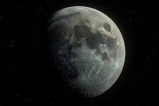 A detailed view of the moon against a black sky, showing its cratered surface and distinct gray shades, highlighting its rugged texture and varying topography.