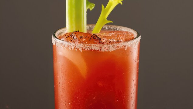 A detailed view of a cocktail resembling a bloody mary with garnishes. - Powered by Adobe