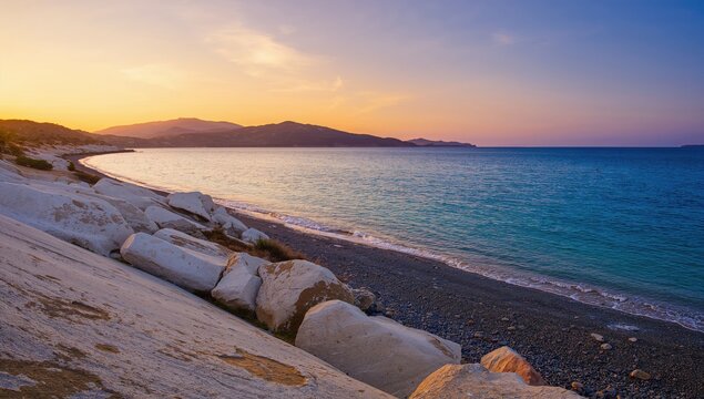 Sunset over a tranquil beach and sea in a Mediterranean island paradise